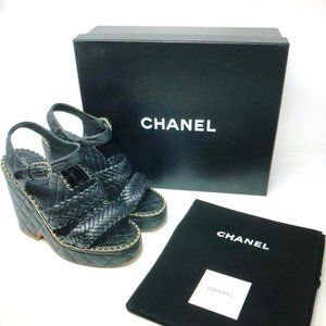 CHANEL Quilted Woven Black Leather Wedge Sandal 37